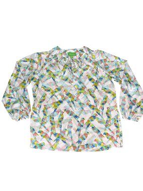 Cappagallo Parrot Print Long Sleeve Button-Front Blouse Size L Lightweight